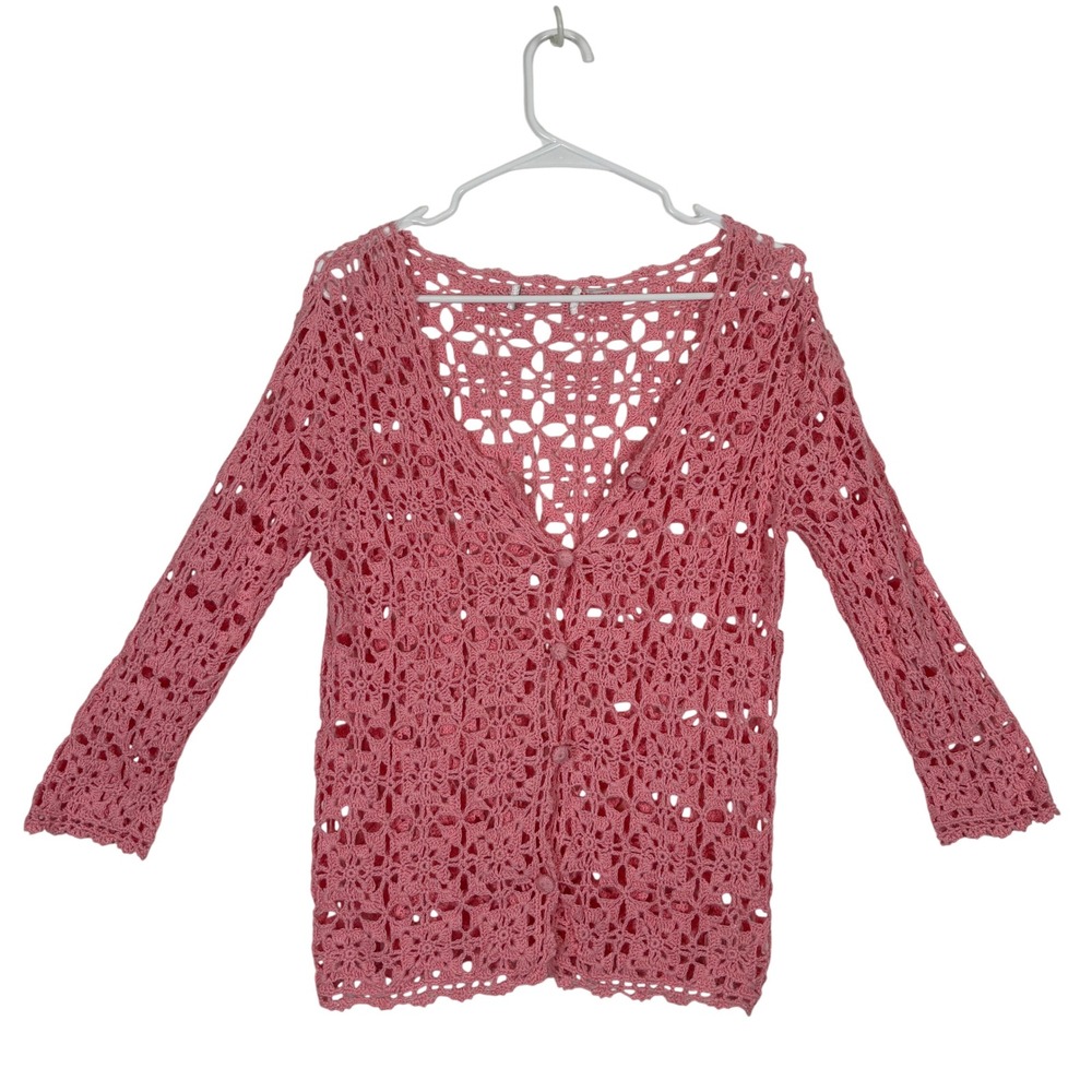 Pink Crochet Cardigan Women Medium V-Neck 3/4 Sleeve Boho Coquette Feminine